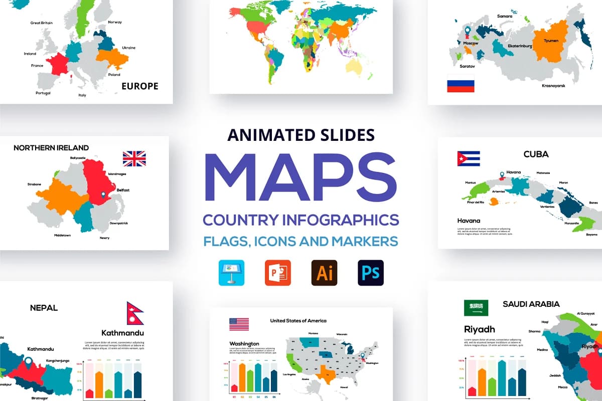 maps animated presentations, country infographics.