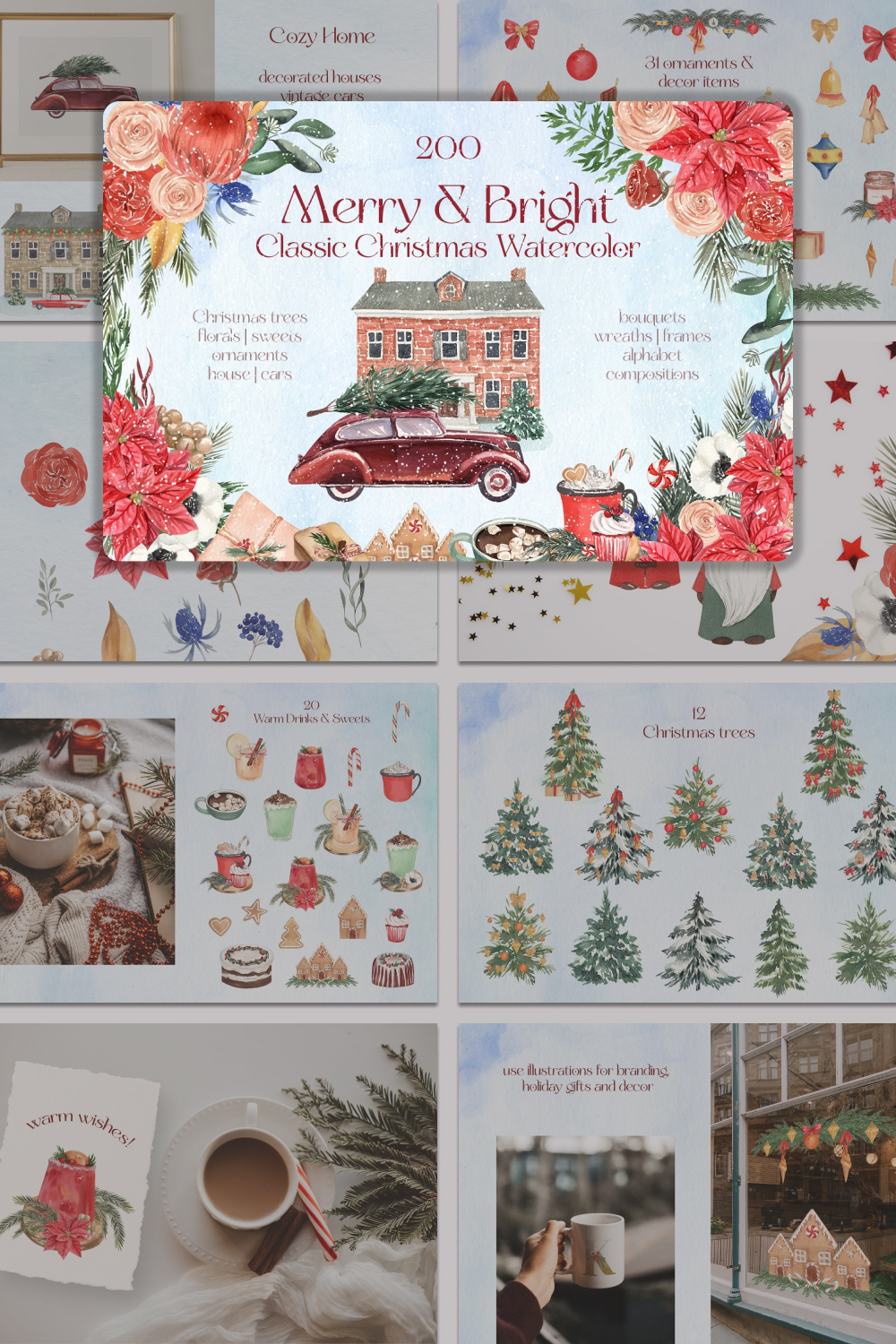 Collage of painted images of Christmas trees, flowers, Christmas decorations.