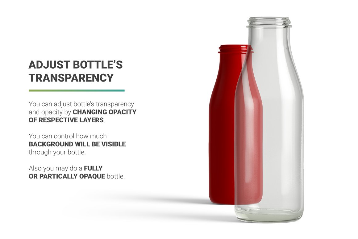 Transparent and red bottles of different sizes.