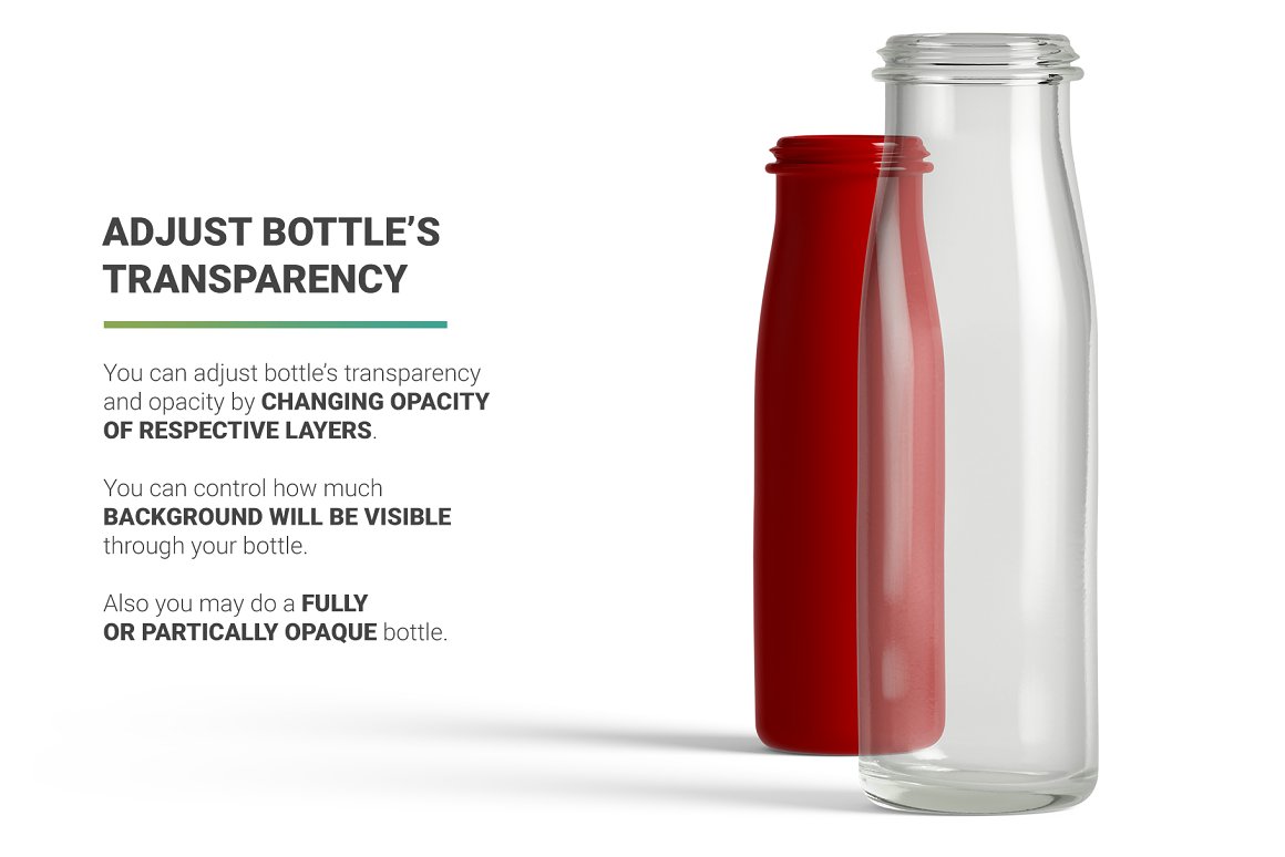Transparent and red bottles of different sizes.