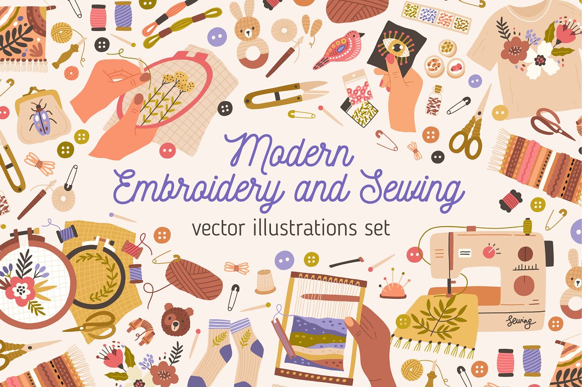 The title page with the name and prints of the sewing and tooling theme.