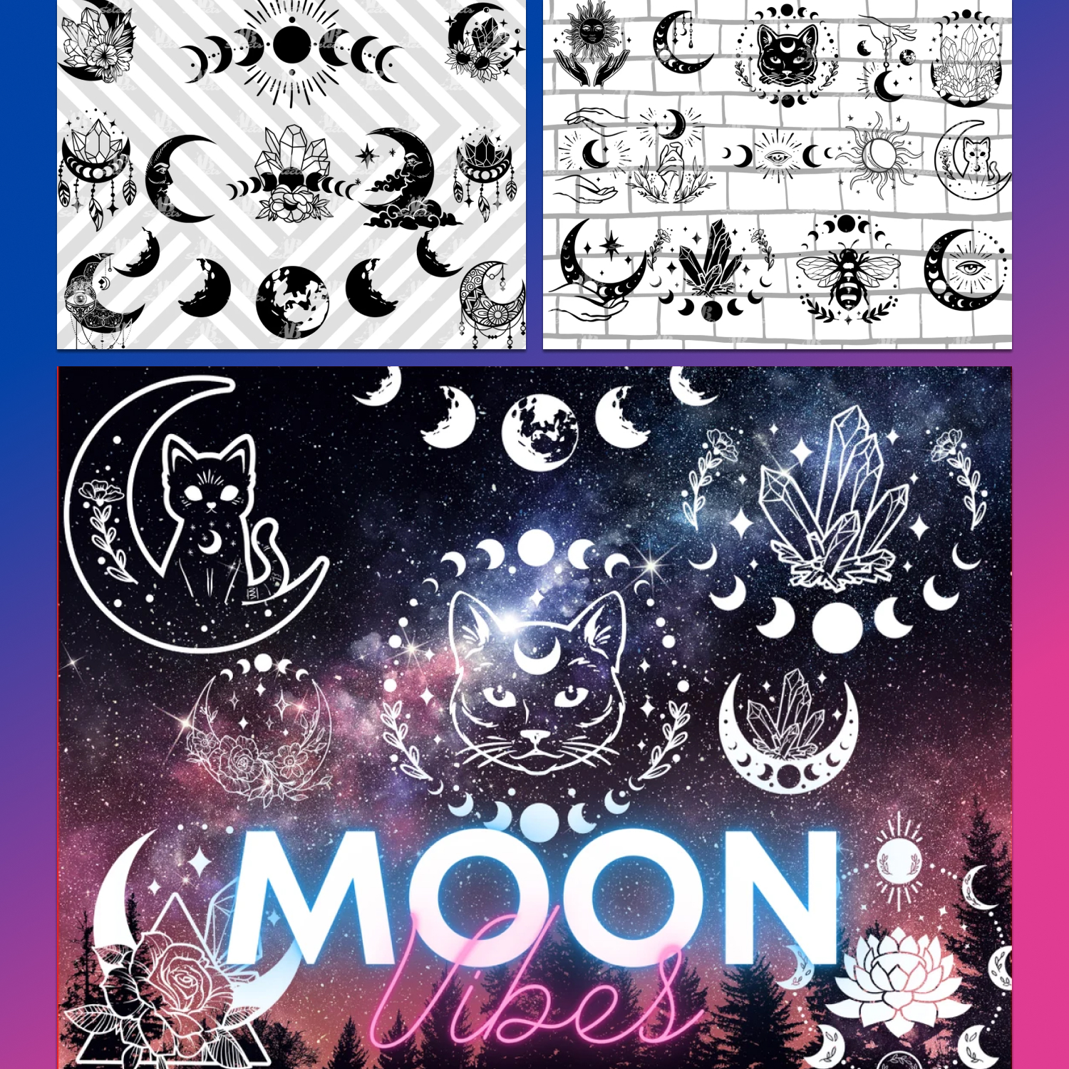 The moon and cats on prints in a magical context.