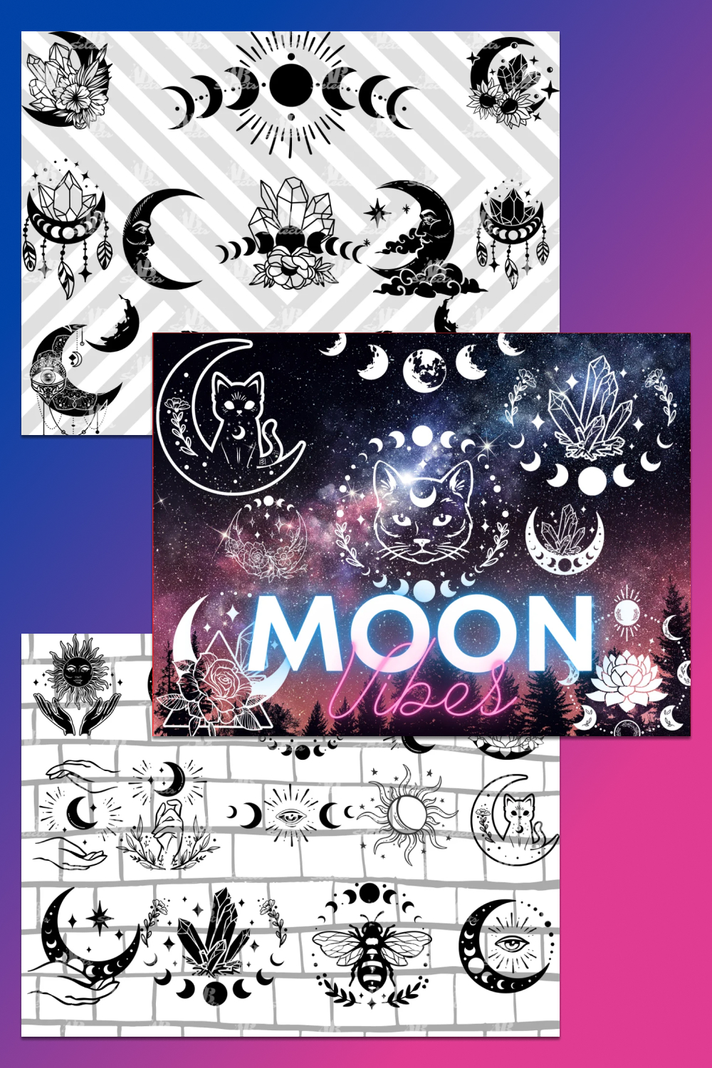 Magical symbols and patterns are depicted on a lunar theme.