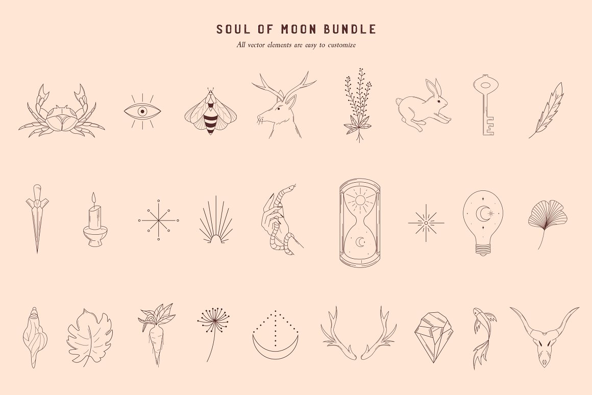 All vector elements are easy to customize of moon bundle.