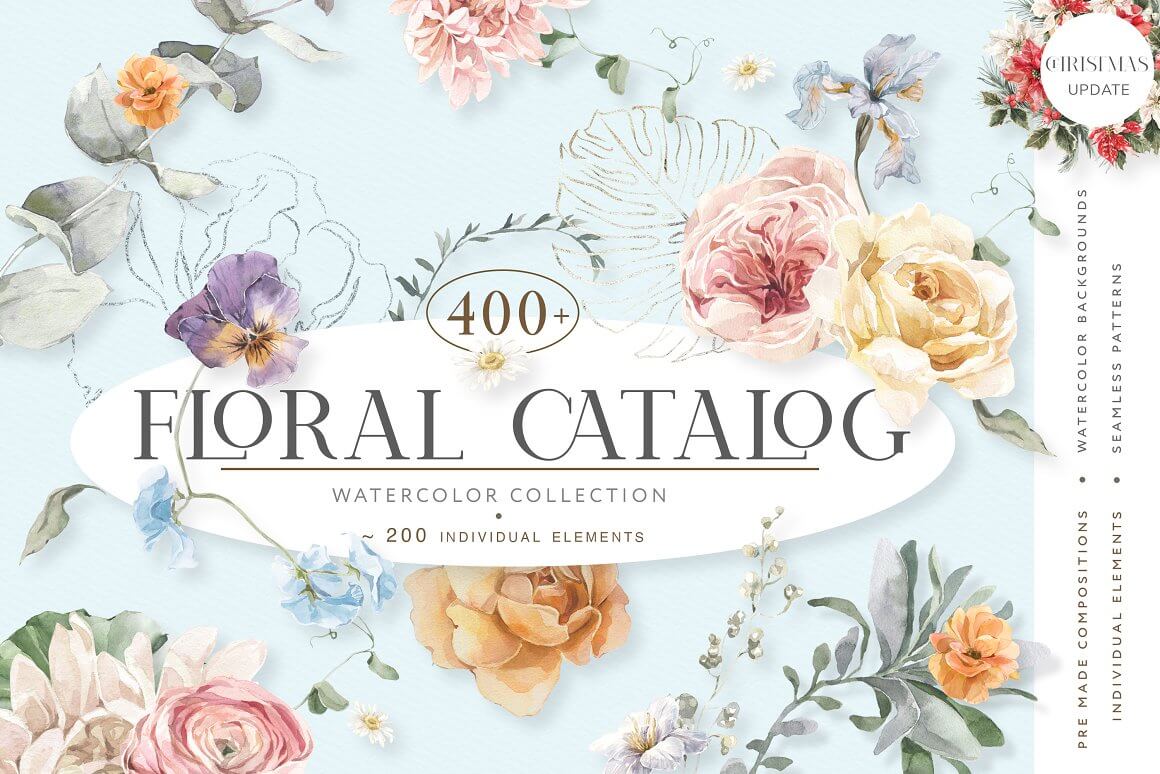 Pre-made compositions, watercolor backgrounds, individual elements and seamless patterns.