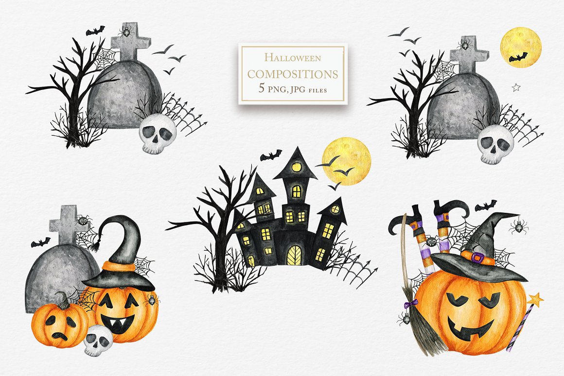 Tombstones, castles, pumpkins and other Halloween-themed designs.