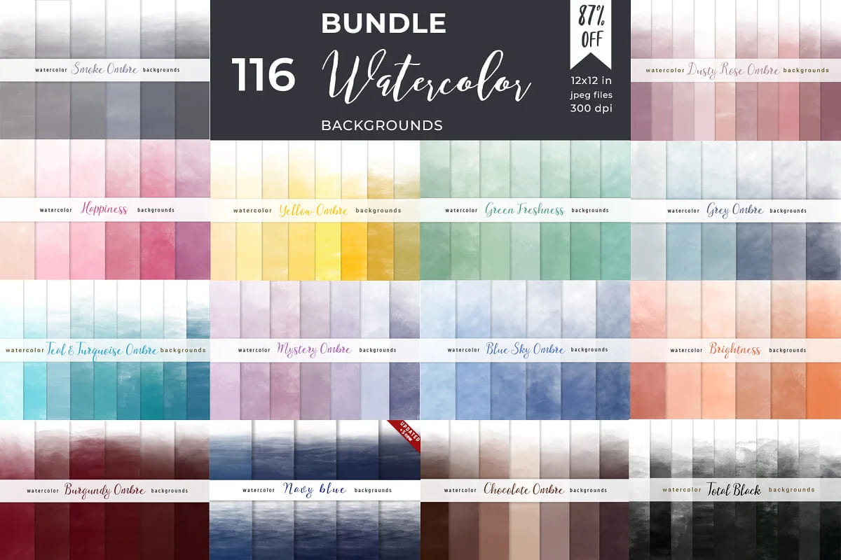 ombre watercolor backgrounds bundle with all colors.