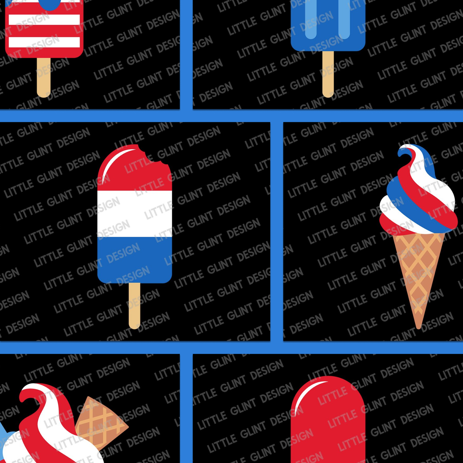 Many different cuts of American flag ice cream.