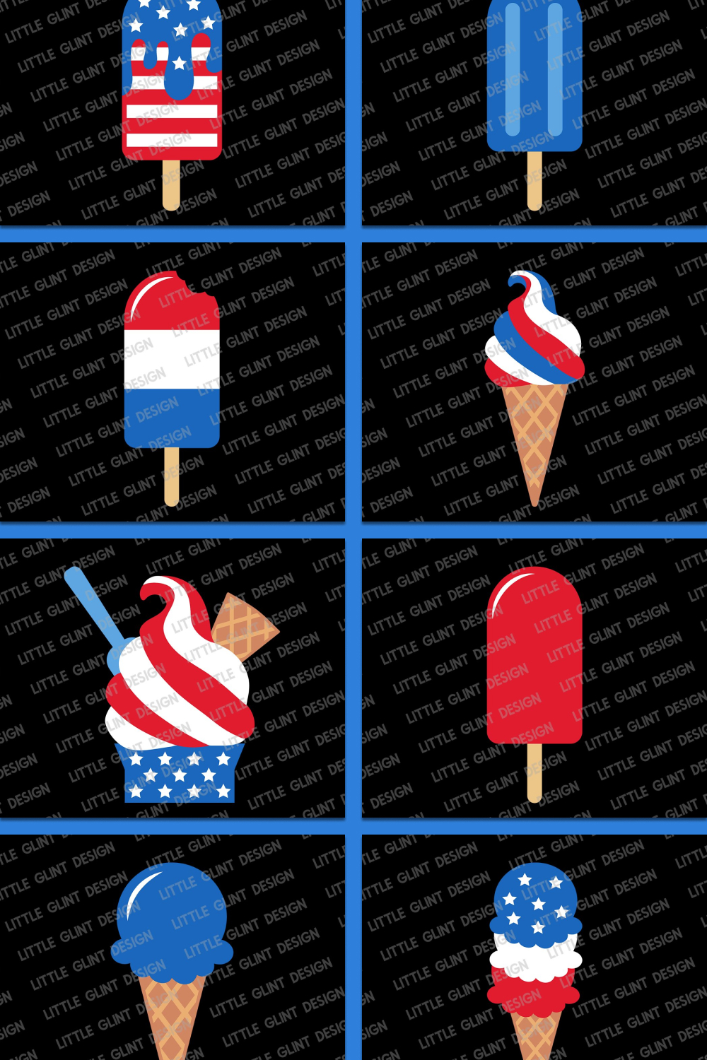 Various ice cream cones with patriotic symbols.