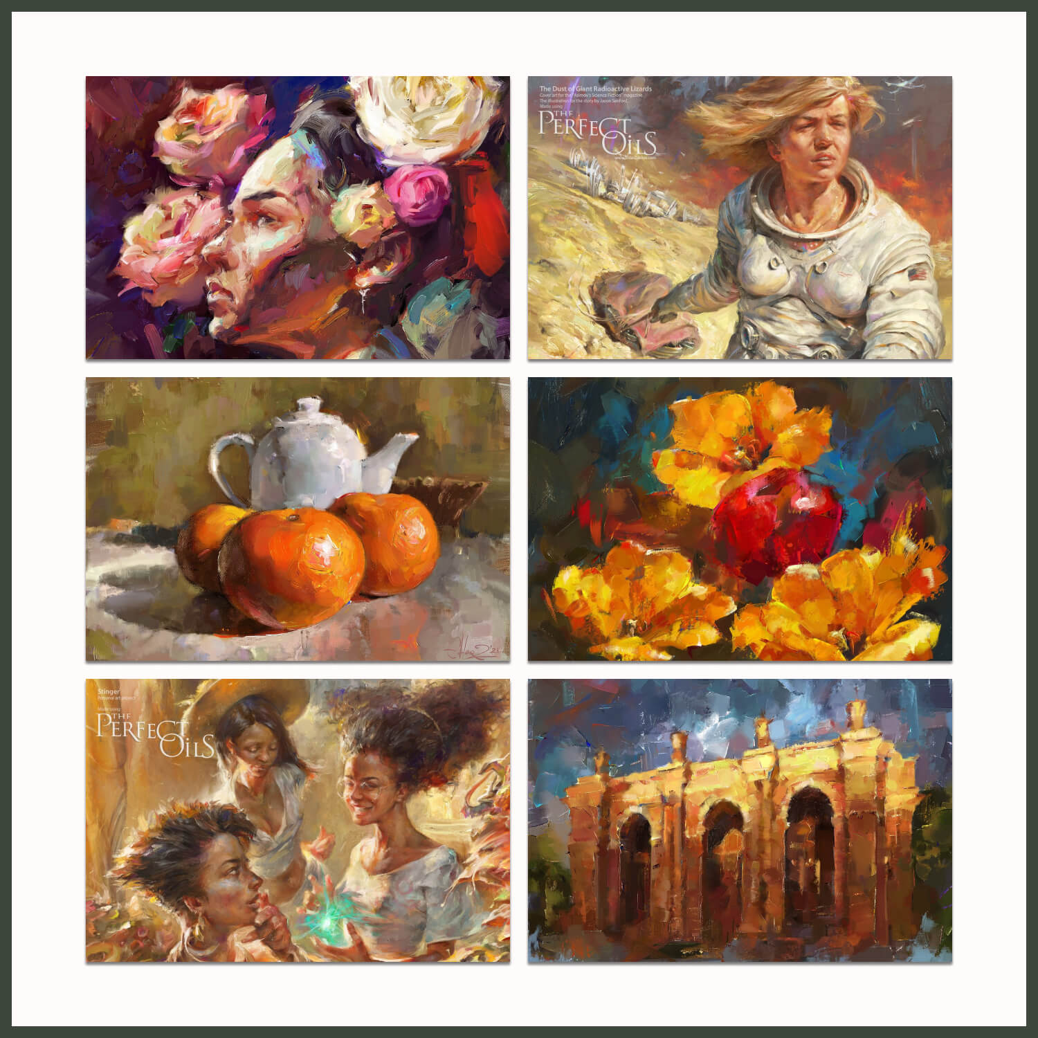 Six paintings: still lifes, portraits, exteriors painted with oil paints.