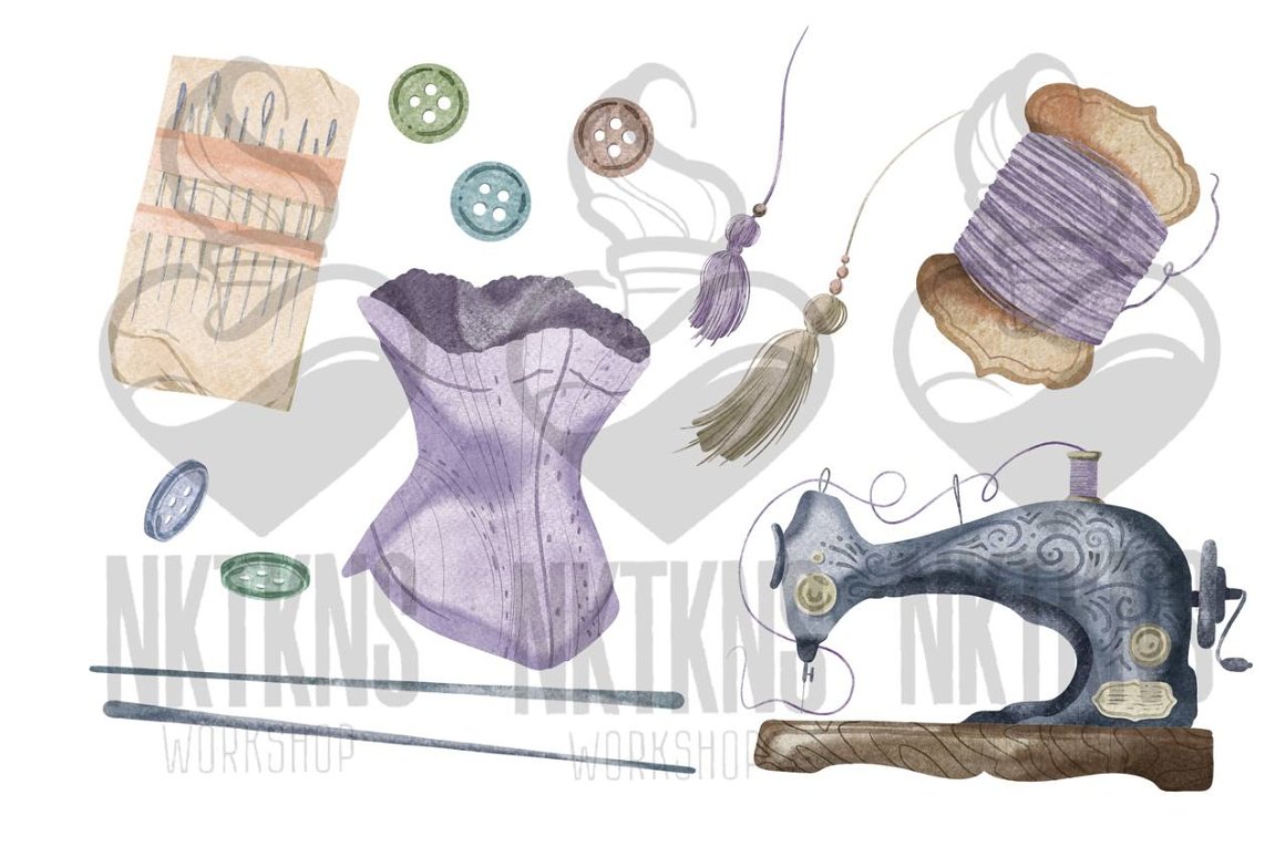 A purple corset and a dark sewing machine are indicated.