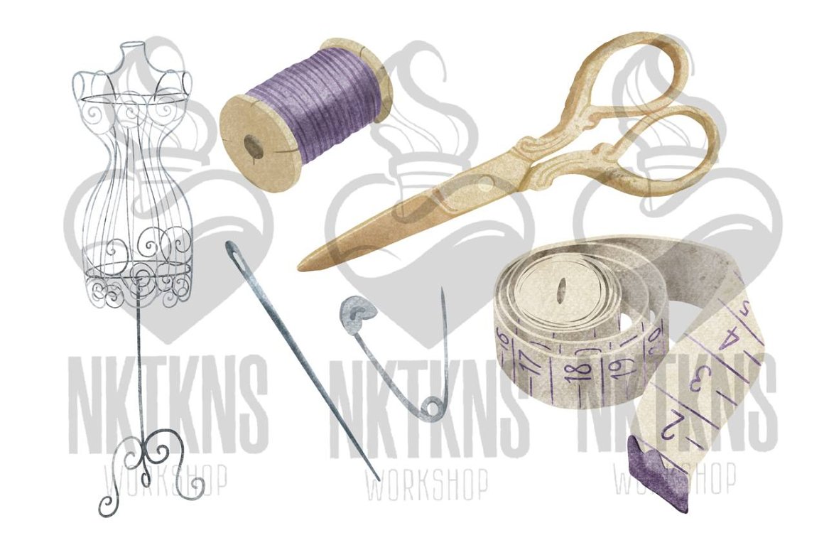 Various bobbins with threads and scissors, etc.