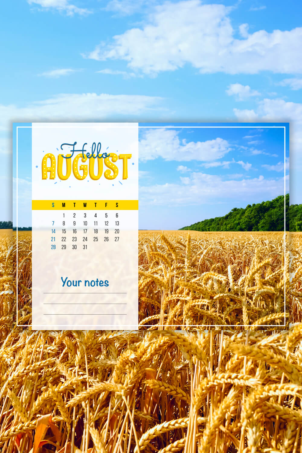 Free August Field Printable Calendar Pinterest Image.