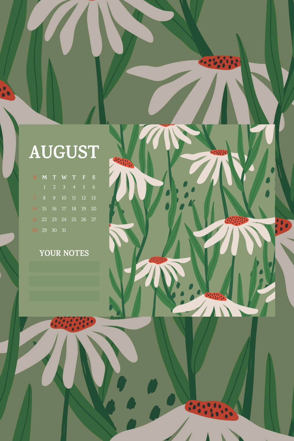 Free Chamomile August Fully Editable Printable Calendar Pinterest image.