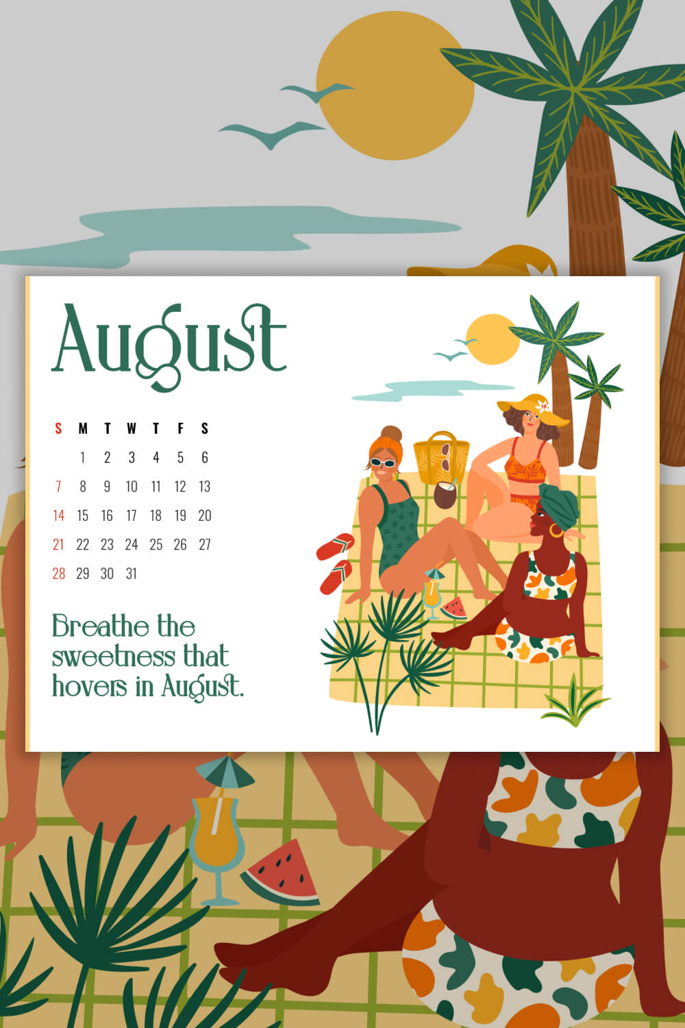 Free Fully Editable August Vacation Printable Calendar Pinterest Image.