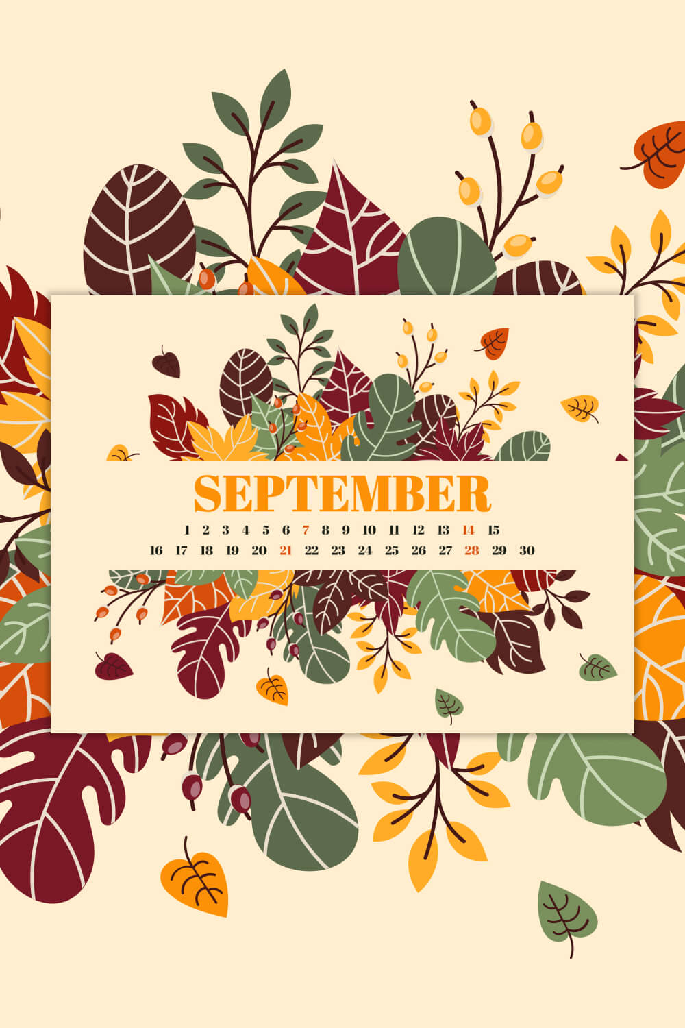 Free Editable Fall Leaves September Printable Calendar Pinterest Image.