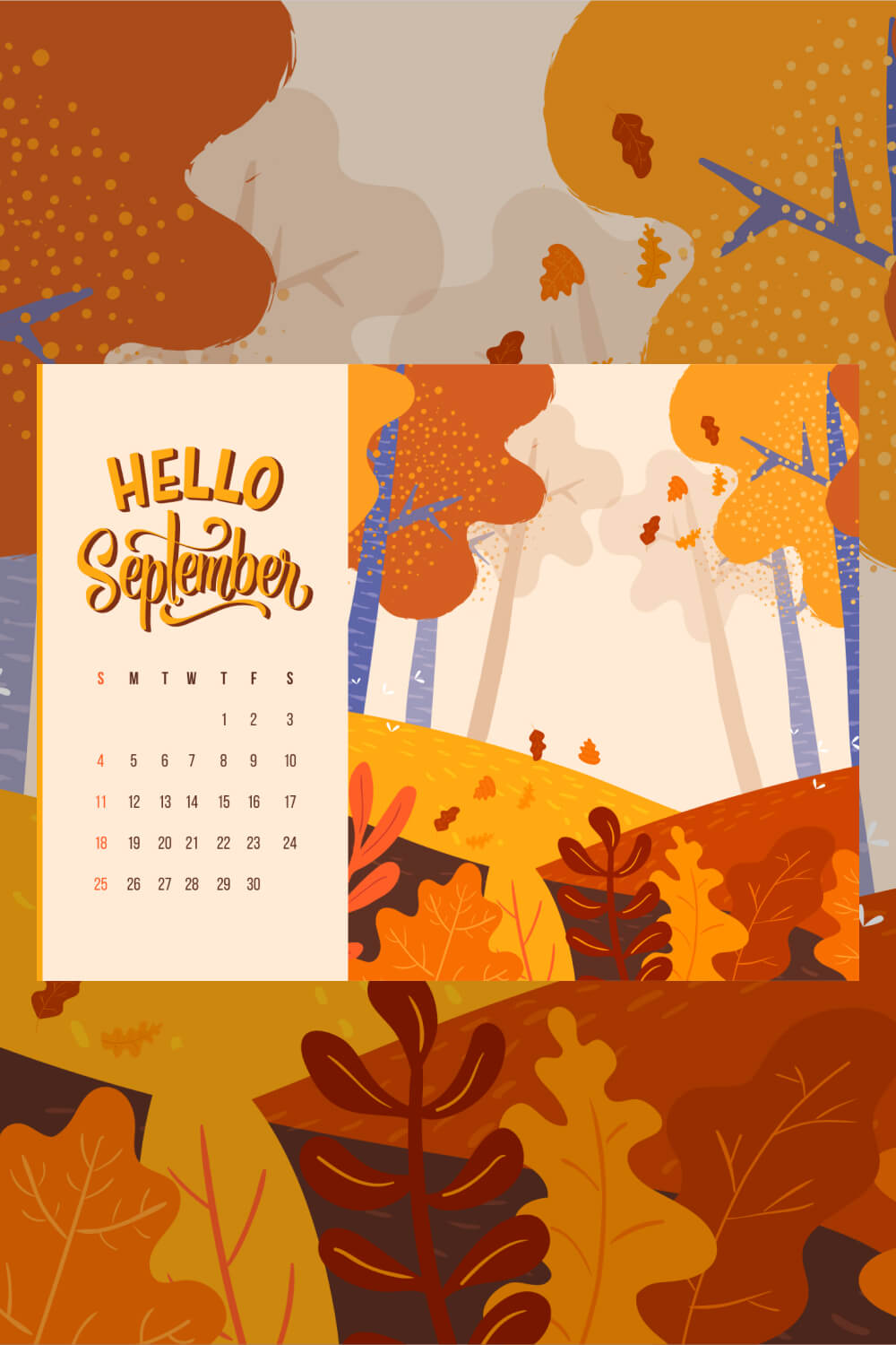 Free Editable September Trees Calendar Printable Pinterest Image.