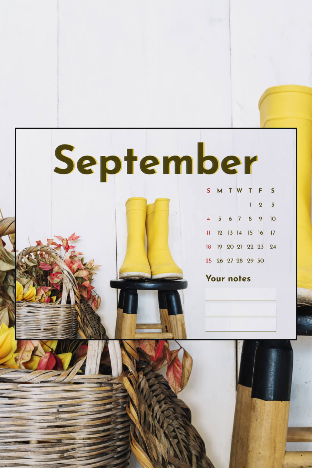 Free Editable Printable September Calendar Pinterest Image.