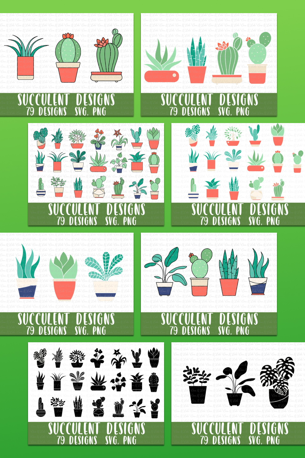 Preview on cards of possible uses of drawings of plants in pots.