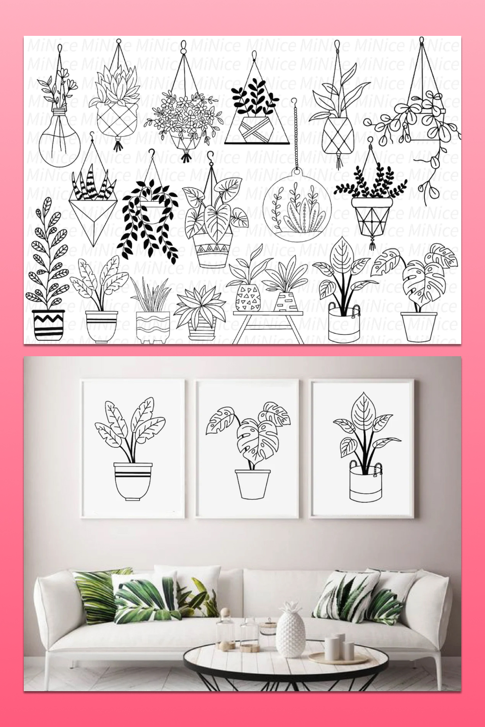 Submission of prints with drawings of plants in pots.
