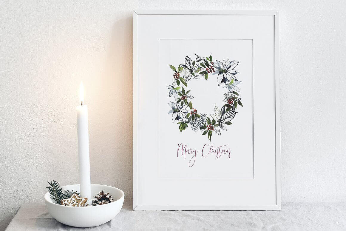 A Christmas poinsettia wreath is drawn on the white picture.