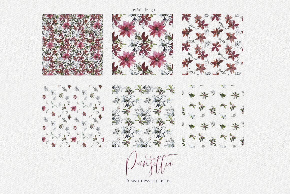 6 seamless patterns of poinsettia on the white background.