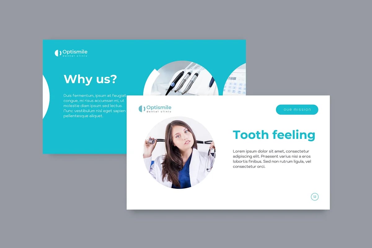 presentation dental clinic, light and blue pages.