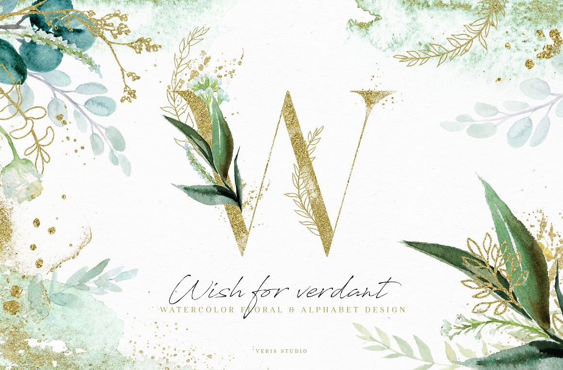 Wish for verdant watercolor floral and alphabet design.