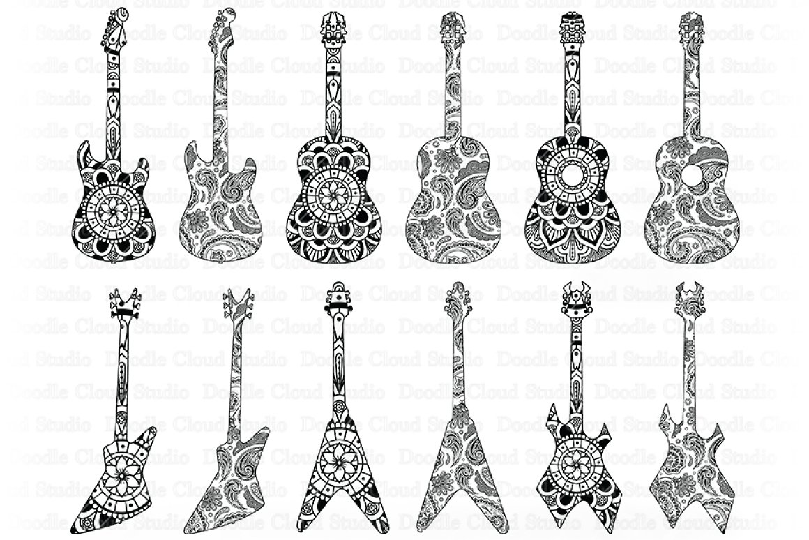 Many different guitars with ornaments and shapes.