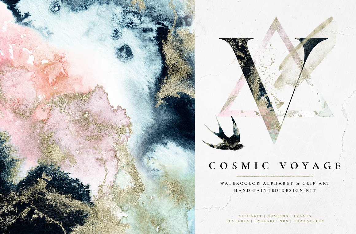Cosmic voyage watercolor alphabet and clipart hand-painted design kit.