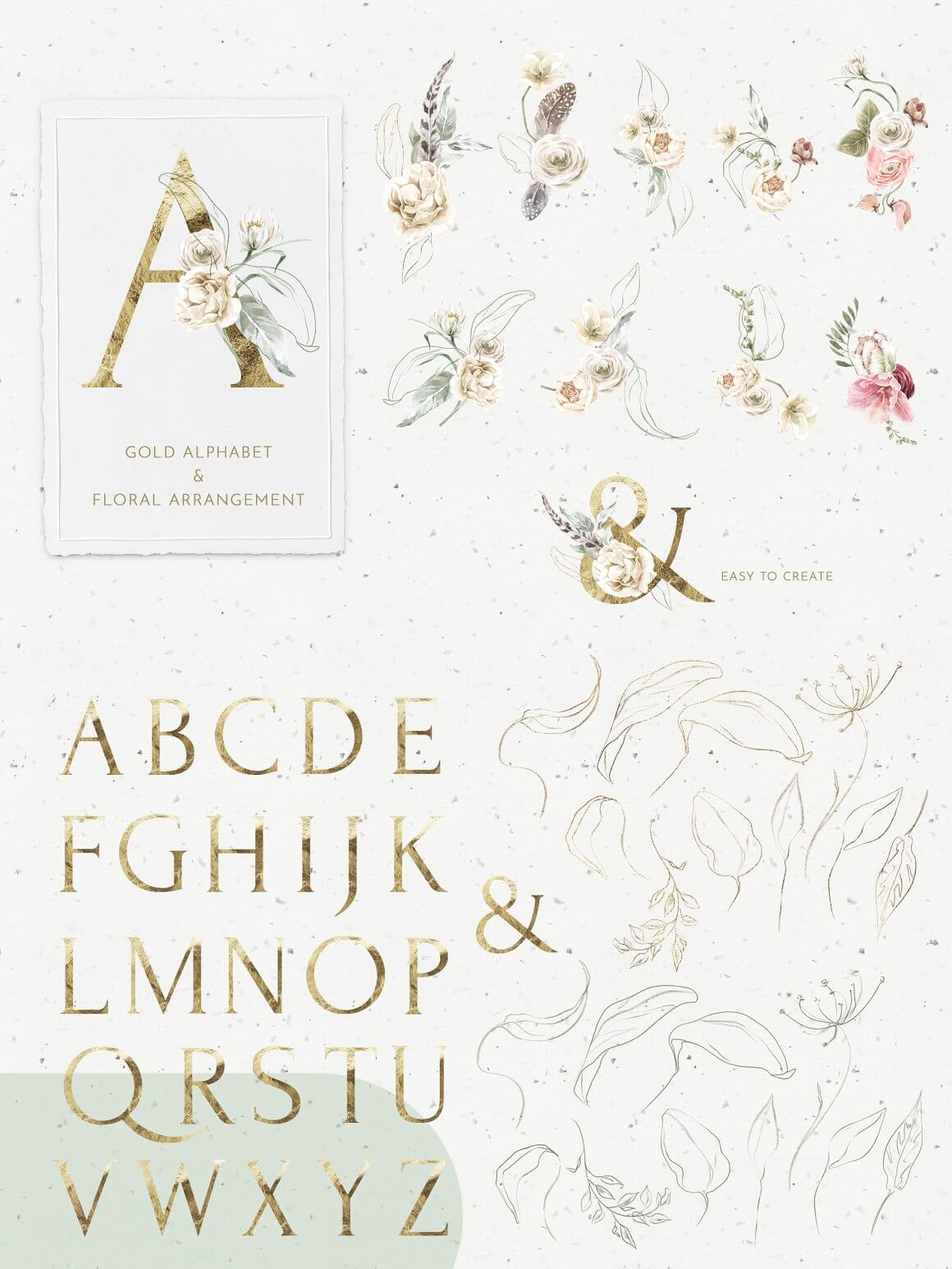 Easy to create gold alphabet with flowers.