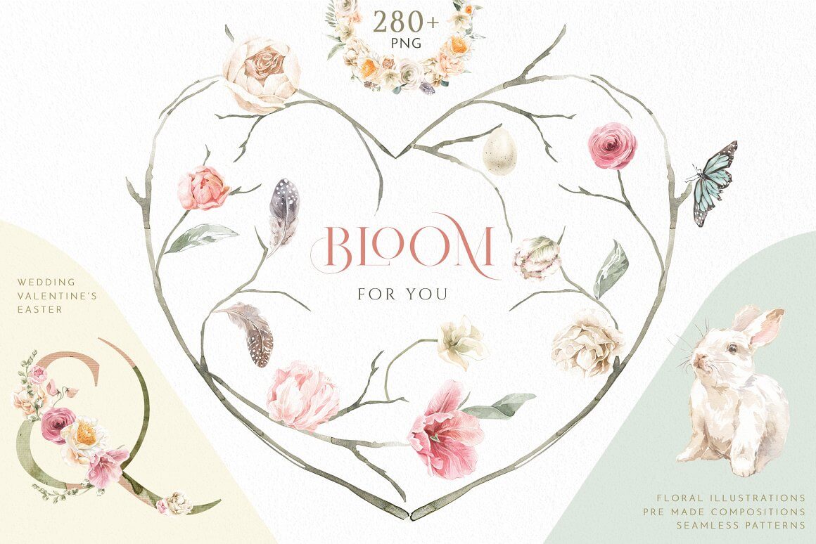 Wedding, valentine's, easter floral illustrations.