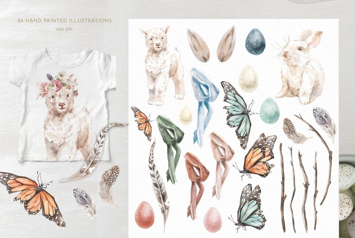 24 hand painted illustrations: animals, butterfly, eggs and other.