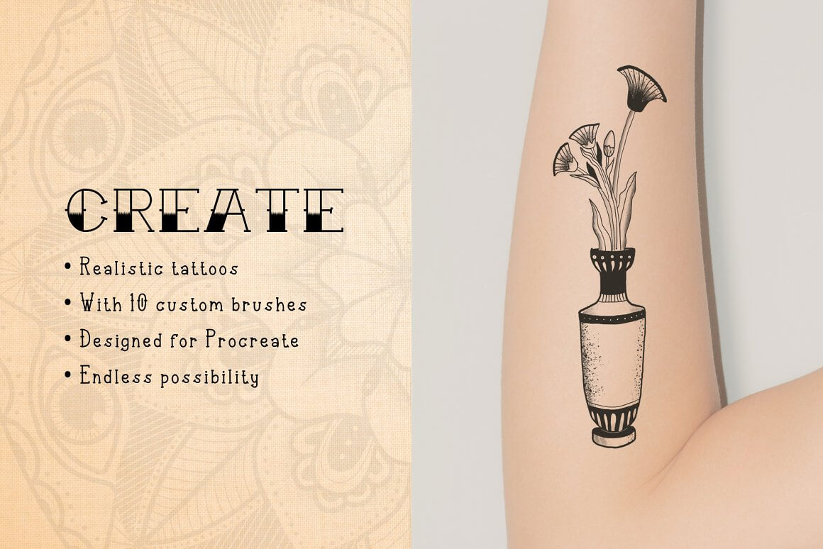 On the arm there is a tattoo with the image of a vase of flowers.