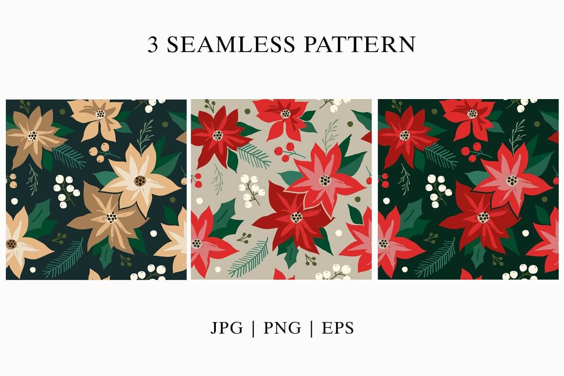 Three variants of a seamless pattern with flowers of different colors and with different backgrounds.