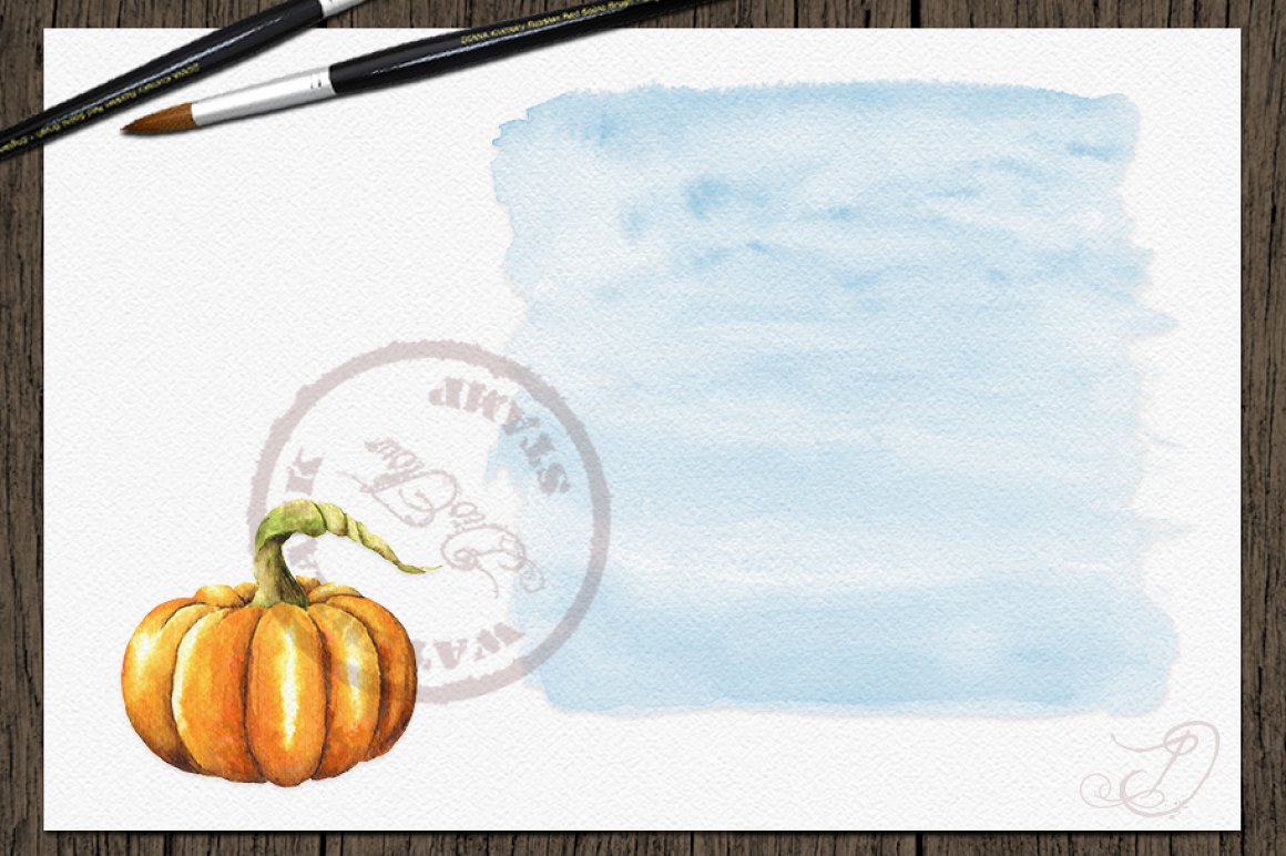 Blue drawn background with pumpkin edge.