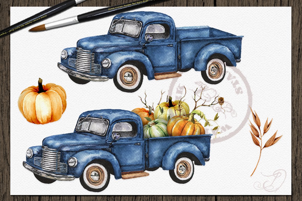 The blue truck is full of pumpkins.