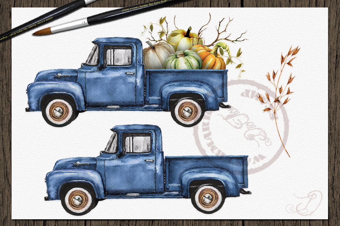 Blue pickup truck with and without a pumpkin.