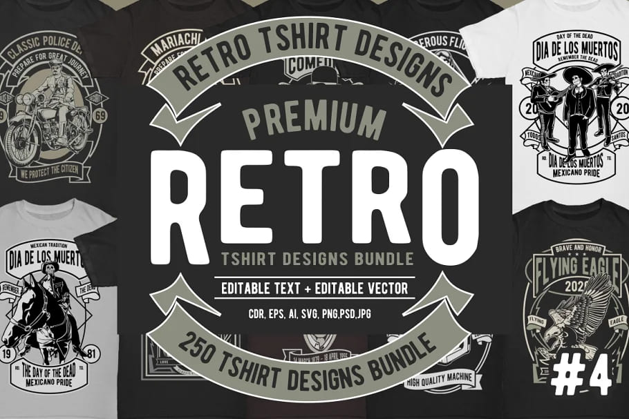 retro tshirt designs bundle 4 for print.