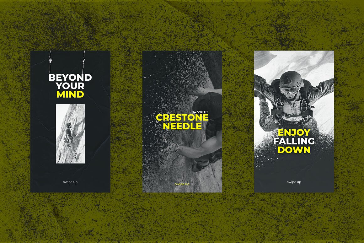 Three slides with inscriptions "Beyond your mind", "Creestone needle" and "Enjoy falling down" on the green background.