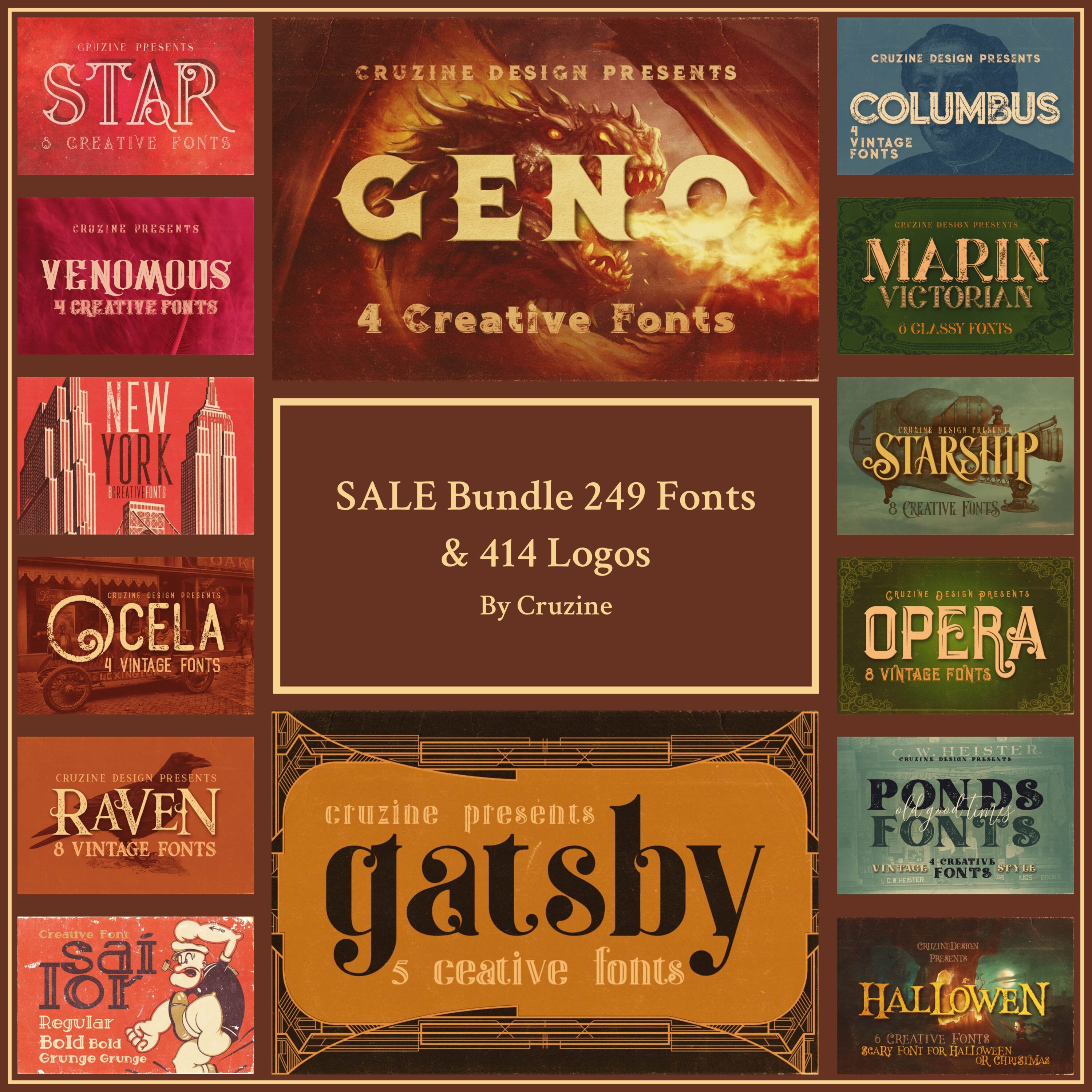 SALE Bundle 249 Fonts & 414 Logos cover image.