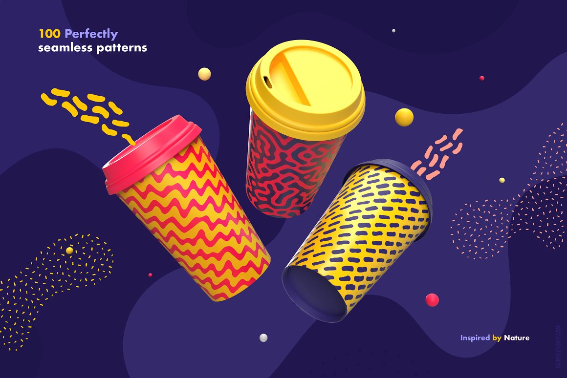 Colorful geometric print on cups and thermos mugs.