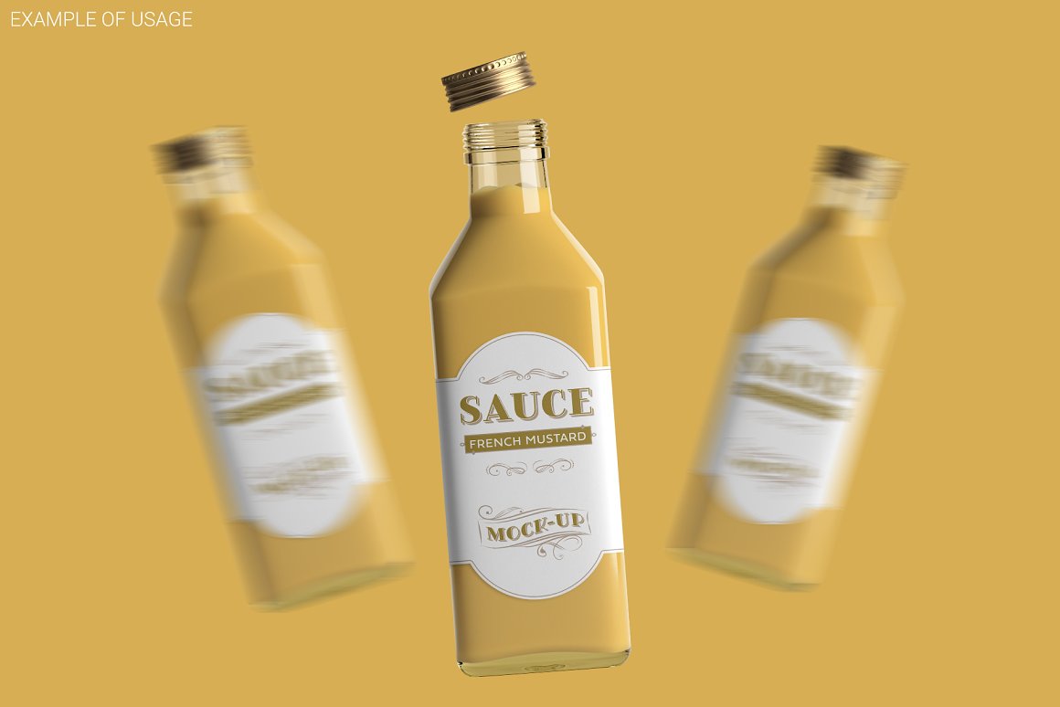 Yellow sauce bottles with gold lids.