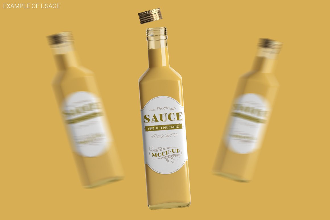 Yellow sauce bottles with gold lids.