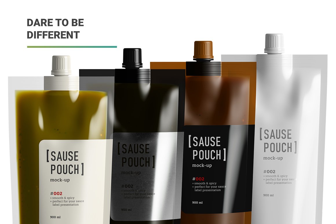 Dark colored plastic packaging for sauce.