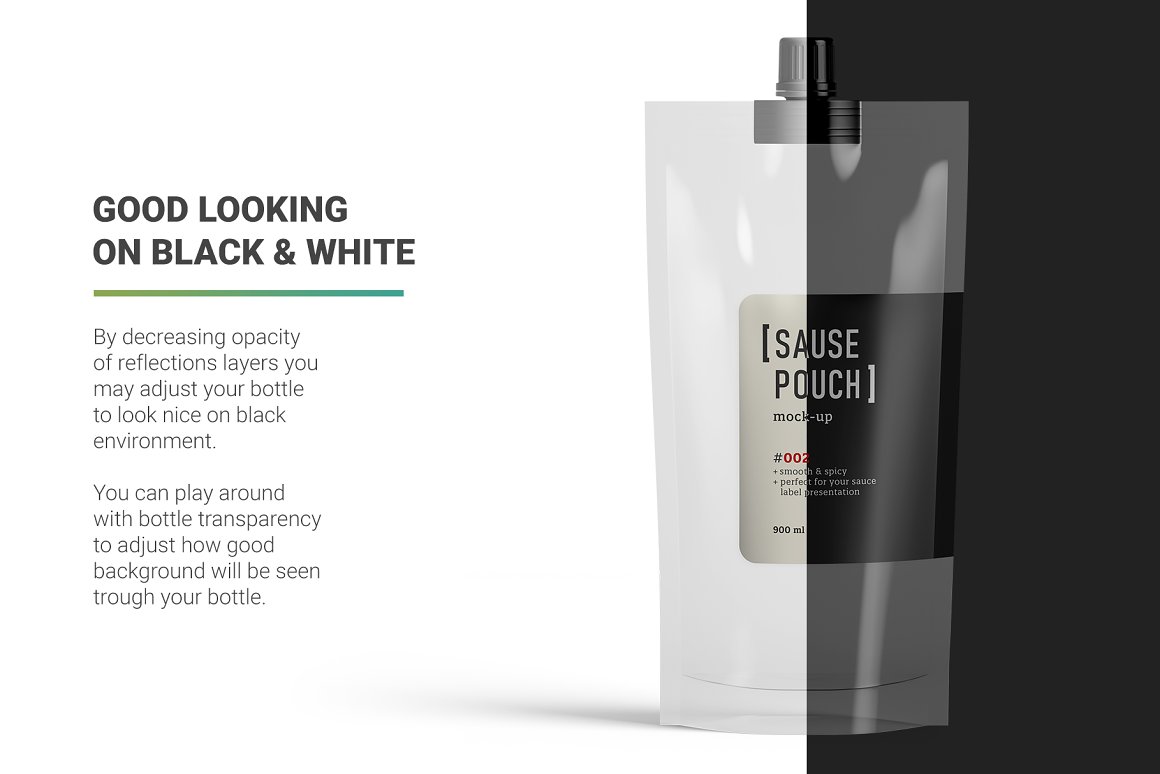 Black and white sauce packaging.