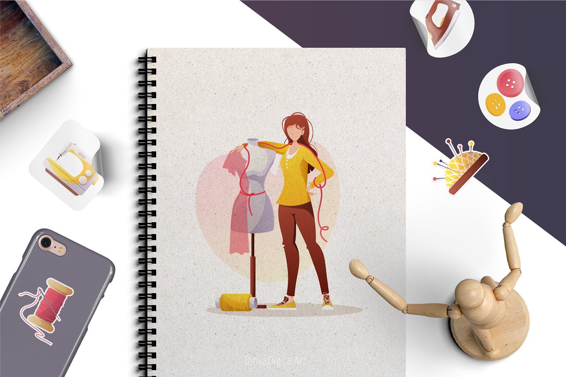 A print on a notebook with a child near a mannequin.