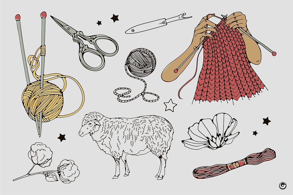 Sheep, scissors, ball and other things for embroidery.