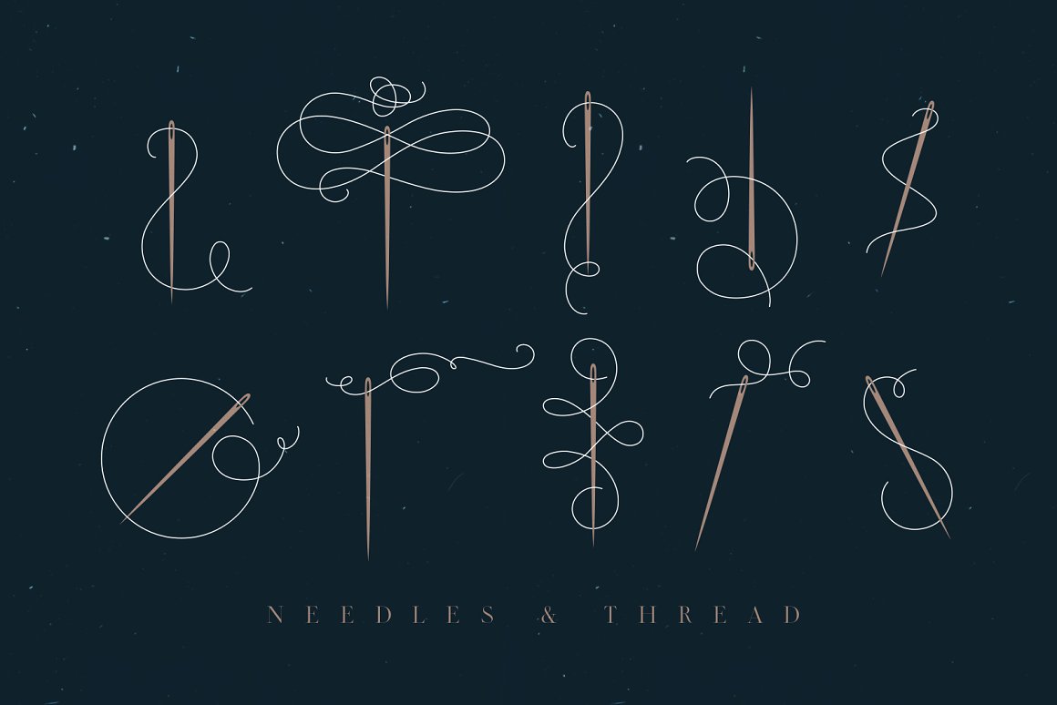 Needles with thread in different versions on a dark background.