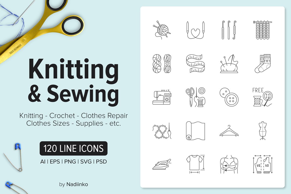 Crochet Hook and Yarn Vector Clipart Set / Outline & Stamp Graphic / Logo /  PNG, JPG, SVG, Eps